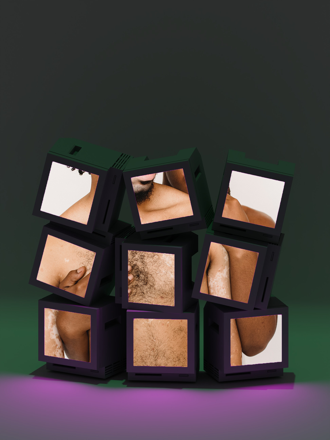 Nine TV screens showing two men being imitate